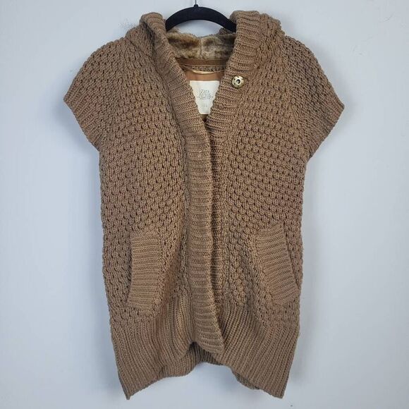Zara Womens Snap Front Chunky Knit Cardigan Sweater Sz Medium Brown Fur Hooded - Picture 1 of 5
